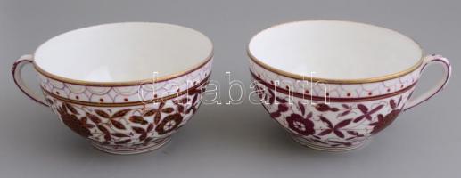 Virágmintás porcelán teás készlet, 3 db csésze + 3 db alj, kanna, kis kiöntő, kézzel festett, jelzés...