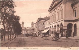 1905 Debrecen, Városház, Piac utca, árusok, villamossín, Bartha Kálmán és Zádor Lajos üzlete