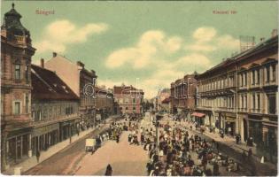 1908 Szeged, Klauzál tér, piac, Wagner F.A., Bruckner Dezső és nyomda üzlet