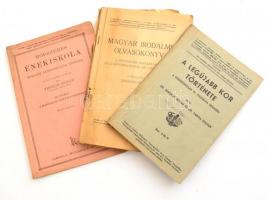 Vegyes iskolai tankönyv tétel, 3 db:   Jánossy István-Varga István: A legújabb kor története a középiskolák VI. osztálya számára. Bp.,1941, Országos Református Tanáregyesület-Országos Evangélikus Tanáregyesület,(Debrecen, Debrecen Sz. Kir. Város-Tiszántúli Református Egyházkerület-ny.) Papírkötésben, kissé szakadt borítóval, egy-két lapon ceruzás jegyzettel.;    Tiboldi József: Módszeres énekiskola a polgári leányiskolák számára. III. köt. a harmadik osztály számára. Papírkötés, kissé foltos papírkötés.;  Magyar irodalmi olvasókönyv. A protestáns gimnáziumok és leánygimnáziumok VIII. osztályának. Szerk.: Zsigmond Ferenc. Bp.,1942., Országos Református Tanáregyesület-Országos Evangélikus Tanáregyesület,(Debrecen, Debrecen Sz. Kir. Város-Tiszántúli Református Egyházkerület-ny.) Papírkötésben, borító nélkül, az utolsó lap elvált, ceruzás aláhúzásokkal, megviselt állapotban.