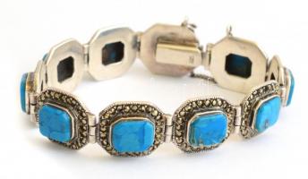 Ezüst (Ag) karkötő türkizzel és markazitokkal, jelzett, h: 19 cm, bruttó: 37,73 g