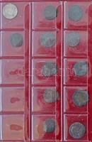 Barna műbőr érmeberakó album 10db berakólappal, benne 11db vegyes római érme + 14db ezüstpénz, közte...