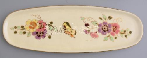 Zsolnay pillangómintás porcelán tálca, 6 db pálinkás pohárral, kézzel festett, jelzett, apró kopások...