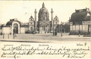 1903 Wien, Vienna, Bécs; Stadtbahnhof, Karlsplatz, Karlskirche / railway station. church, square