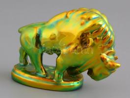 Zsolnay eozin mázas bika, jelzett, hibátlan, m: 7 cm, h: 10 cm