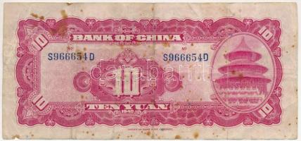 Kína 1940. 10Y T:III,III- fo., kis anyaghiány
China 1940. 10 Yuan C:F,VG spotted, little paper miss...