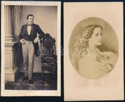 cca 1870-1880 Fiatal hölgy és férfi portréja, 2 db vintage keményhátú fotó, egyik hátulján F. Hieronymi töredékes pecséttel, apró kopásnyomokkal, 10x6 cm