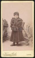 cca 1885 Lugos, Krauss Béla: Téli bundás gyermek fotója vizitkártya / cdv