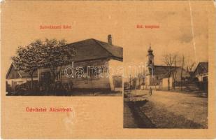 1911 Alcsút, Református templom, Szövetkezet üzlete és saját kiadása + WIEN - GYŐR - BUDAPEST 352 B vasúti mozhóposta bélyegző (EM)