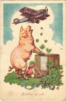 Boldog újévet! malac repülőgéppel / New Year greeting, pig with aircraft (Rb)
