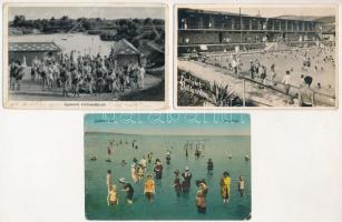 9 db RÉGI magyar város képeslap: fürdők, strandok / 9 pre-1950 Hungarian town-view postcards: beaches, spas