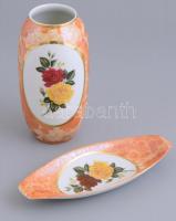 Hollóházi porcelán váza és tálka, matricás, jelzett, hibátlan, 19,5x8 cm, m: 16 cm