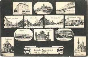 1907 Esztergom, Főgimnázium, Kossuth Lajos utca, Széchenyi tér, Ferenc József út, Szentháromság szobor, Posta, Szeminárium, Vártemplom, Városháza, Vízivárosi templom, Kerek-templom. Kecskeméthy János kiadása + &quot;ESZTERGOM - ALM.FÜZITŐ 178. SZ.&quot; vasúti mozgóposta bélyegző (EK)