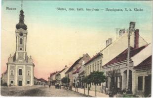 1916 Moson (Mosonmagyaróvár), Fő utca, Római katolikus templom, üzletek. Fritag Frigyes kiadása