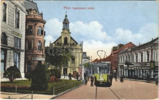 1915 Pécs, Irgalmasok utcája, villamos, Lang B. fia üzlete. Günsberger Lajos kiadása (EB)