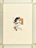 Krnács Ágota (1976-): Kalapos hölgy. Akvarell, tus, papír, jelzett. Üvegezett, sérült (repedt) klipsz keretben. 13x10 cm