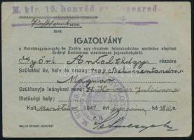 1941 Igazolvány a Keletmagyarország és Erdély egy részének felszabadulása emlékére alapított Erdélyi Emlékérem viselésének jogosultságáról