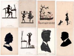 22 db RÉGI motívum képeslap: sziluettes művész, sok szignós / 22 pre-1945 motive postcards: silhouette art, many artist signed