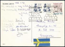 1968 A magyar asztalitenisz válogatott tagjainak aláírásával küldött képeslap Svédországból: Klampár, Jónyer, Urbán, Bátorfi, Oláh.