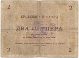 Montenegró 1914. 2P alig olvasható bélyegzéssel T:III- szakadás
Montenegro 1914. 2 Perpera with bar...