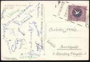 cca 1970 Az FTC labdarúgó játékosinak aláírásával küldött képeslap Spanyolországból: Rákosi, Mátra, Varga, Novák, Páncsics. Fenyvesi