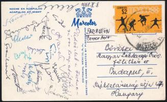 1968 Az FTC labdarúgó játékosinak aláírásával küldött képeslap Maxikóból: Rákosi, Mátra, Varga, Novák, Páncsics. Fenyvesi