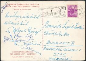 1963 Honti György labdarúgó sportvezető és társai által aláírt képeslap Olaszországból