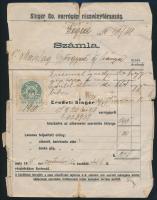 1915 Singer Co. varrógép részvénytársaság, Szeged, fejléces számla okmánybélyeggel (10 fillér), foltos, hajtásnyomok mentén és széleinél szakadásokkal