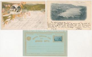 3 db RÉGI délvidéki képeslap: Buccari, Montenegro, Plitvicai tavak / 3 pre-1945 postcards: Bakar, Montenegro, Plitvice Lakes