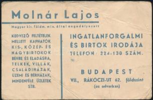 1944 Molnár Lajos ingatlanos (nagybirtok, villa kereskedő) reklám kártyája, gyűrött