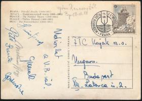 1958 Prága, Kajak VB, kajakozók aláírása képeslapon (Farkas Imre, Mészáros György, Szente András, Hunics József, stb.)
