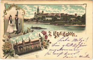 1898 (Vorläufer) Kraków, Krakau; Rotunda przy bramie Floryanskiej, widok Zamku Krakowskiego od strony Wisly / castle, Vistula river, Polish folklore. Art Nouveau, floral, litho (EB)