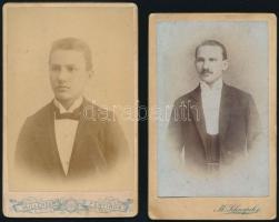 cca 1893-1904 2 portré fiúról és fiatalemberről, Milleneum fényirdából és M. Schnapek műterméből, vintage vizitkártya méretű keményhátú fotó, kopásnyomokkal, 2 db közepén töréssel