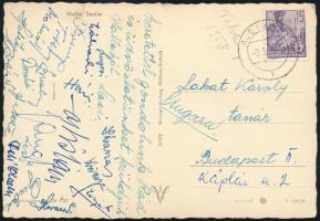 1958 Tatabányai Bányász labdarúgóinak (Lugosi, Szovják, Kovács, Guba, Környei, stb.) aláírásai képeslapon