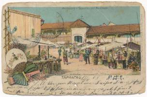 1908 Qingdao, Tsingtau, Kiautschou Bay concession; Tapantau, Marktplatz, Markthalle / market square and hall. Max Grill Art Nouveau, litho (b)