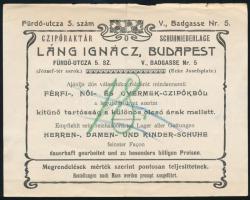 1905 Láng Ignácz Bp., cipőraktár, számolócédula, hátoldalán szecessziós, német-magyar nyelvű reklámmal, hajtásnyommal, 11,5x14,5 cm