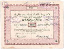 Veszprém 1922. Veszprémi Szikvízgyár Részvénytársaság részvénye 100K-ról bélyegzésekkel T:III szakadás, fo.