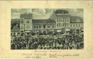 1914 Marosvásárhely, Targu Mures; Széchenyi tér, piac, Gőzmalmi lisztraktár, Szalmásy Gyula, György Gergely, Lőrinczi, Vasváry, Szegő Ernő, Háry Géza üzlete, kávé pörkölde. W.L. Bp. 6413. / square, market, shops, coffee roastery (EB)