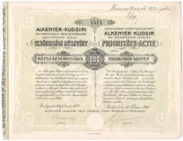 Budapest 1906. Alkenyér-Kudsiri helyi érdekű vasút részvénytársaság elsőbbségi részvénye 200K-ról, szelvényekkel T:I-