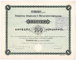 Budapest 1922. Kőbányai Iparvasút Részvénytársaság részvénye (3xklf), 100K-ról, 1000K-ról és 2500K-ról, szelvényekkel T:II-III