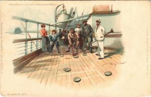 Schaufelspiel auf dem Promenadendeck / Shovel game on board of a ship. Handelsmarine Postkarten I. Serie No. 295./11. litho s: Willy Stöwer