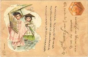 1900 Als Heimliche Liebe von der Nimand was weiss! Brennen so heiss, kein Feuer, keine Kohle thut / Art Nouveau, Japanese style, geisha. Emb. litho (EK)