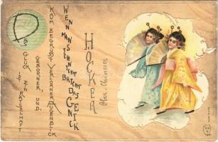1900 Das Glück ist ein Rätselhaft geborner, und Kaum begrüsst Verlorner Augenblick / Art Nouveau, Japanese style, geisha. Emb. litho (tear)