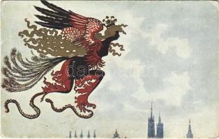 Zlotymi Wlosy i Pawim Wila ogonem... / Polish Art Nouveau golden art postcard. Anczyc Sylwety 20. s: St. Eljasz Radzikowski (Rb)