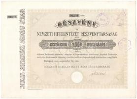 Budapest 1923. Nemzeti Hitelintézet Részvénytársaság részvénye 2000K-ról, szelvényekkel, bélyegzésekkel, szárazpecséttel T:I,I-