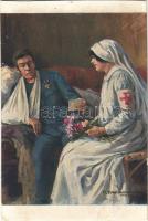 Der Brief aus der Heimat / Levél hazulról / WWI Austro-Hungarian K.u.K. military art postcard, Red Cross nurse with injured soldier s: M. Martinková (vágott / cut)