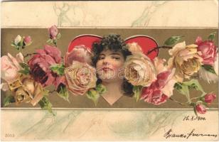 1900 Art Nouveau lady, roses. litho (EK)