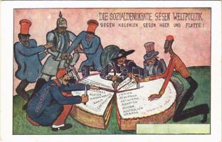 Die Sozialdemokratie gegen Weltpolitik gegen Kolonien, gegen Heer und Flotte! / WWI German Anti-Entente powers mocking propaganda art postcard