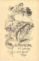Cerven da jahody a sece kosami luky / Czech folklore art postcard s: Kresba Mikuláse Alse