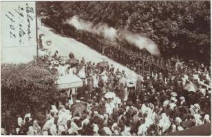 1902 Belovár, Bjelovar; körmenet, ünnepség, katonai díszsortűz, tömeg / procession, ceremony, military gun salute, crowd. photo + kétnyelvű bélyegző / bilingual cancellation